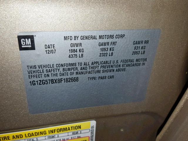 1G1ZG57BX8F182668 - 2008 CHEVROLET MALIBU LS BEIGE photo 10