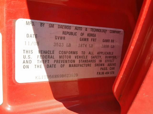 KL1TD56E69B623620 - 2009 CHEVROLET AVEO LS RED photo 10