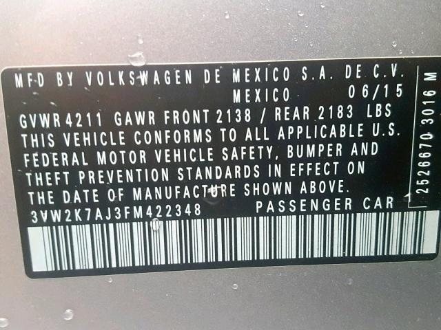 3VW2K7AJ3FM422348 - 2015 VOLKSWAGEN JETTA BASE SILVER photo 10