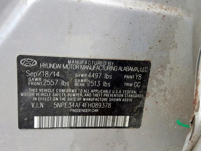 5NPE34AF4FH089378 - 2015 HYUNDAI SONATA SPO SILVER photo 10