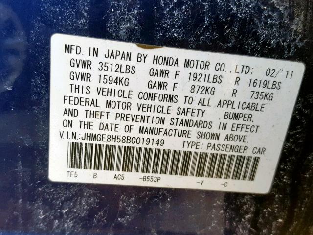 JHMGE8H58BC019149 - 2011 HONDA FIT SPORT BLUE photo 10