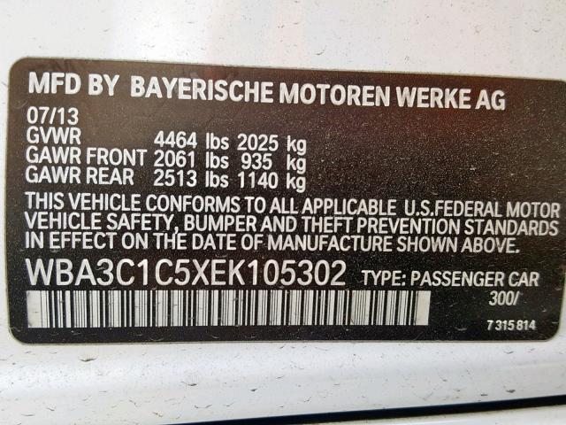 WBA3C1C5XEK105302 - 2014 BMW 328 I SULE WHITE photo 10