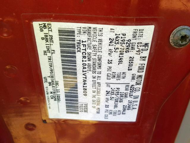 1FTCR10A1VTA41809 - 1997 FORD RANGER RED photo 10