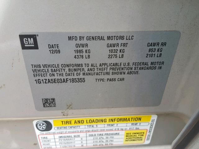 1G1ZA5E03AF185355 - 2010 CHEVROLET MALIBU LS TAN photo 10