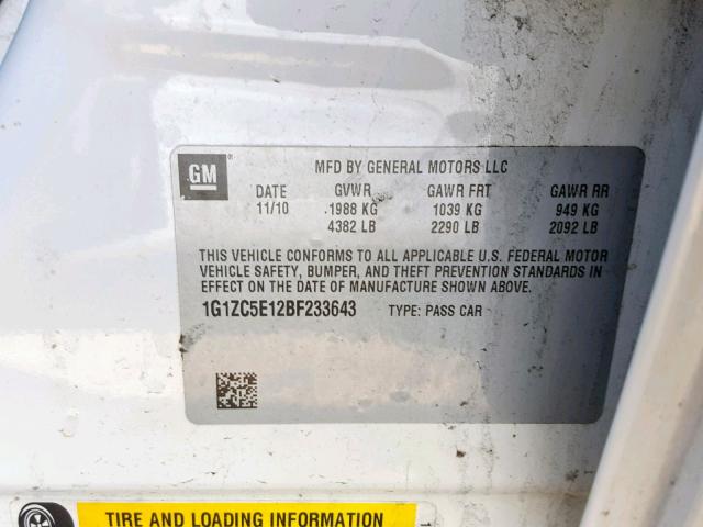 1G1ZC5E12BF233643 - 2011 CHEVROLET MALIBU 1LT WHITE photo 10