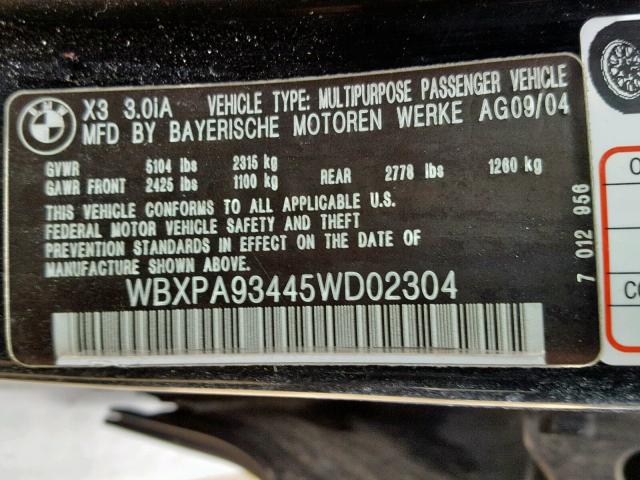 WBXPA93445WD02304 - 2005 BMW X3 3.0I BLACK photo 10