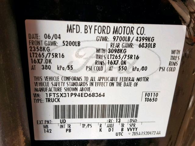 1FTSX31P94ED68364 - 2004 FORD F350 SRW S BLACK photo 10