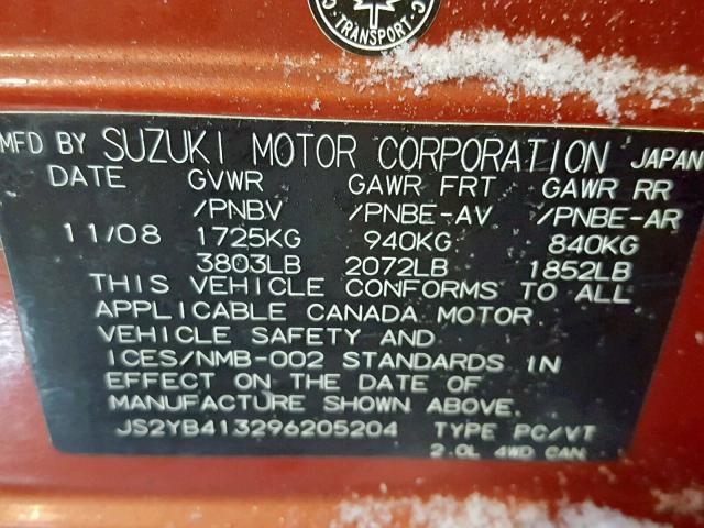 JS2YB413296205204 - 2009 SUZUKI SX4 TECHNO ORANGE photo 10