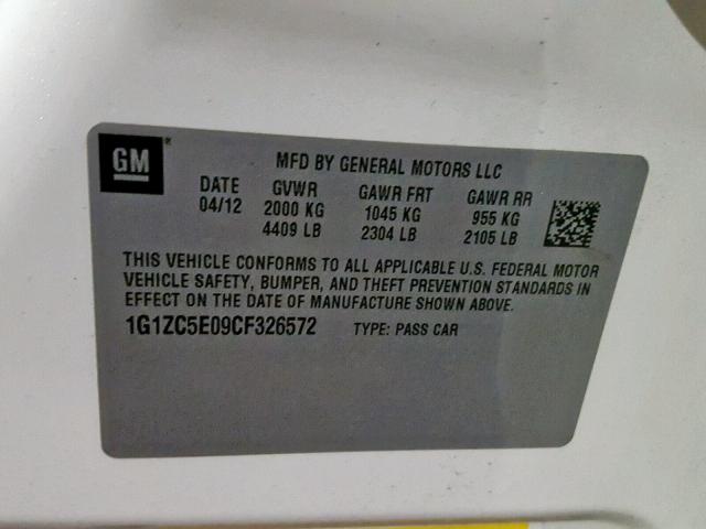 1G1ZC5E09CF326572 - 2012 CHEVROLET MALIBU 1LT 白色 照片 10