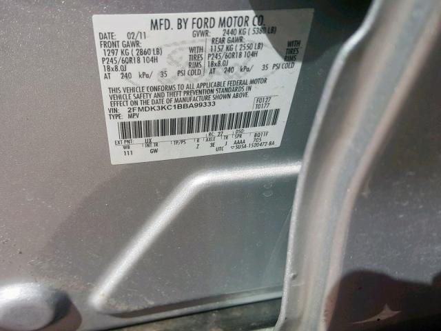 2FMDK3KC1BBA99333 - 2011 FORD EDGE LIMIT SILVER photo 10