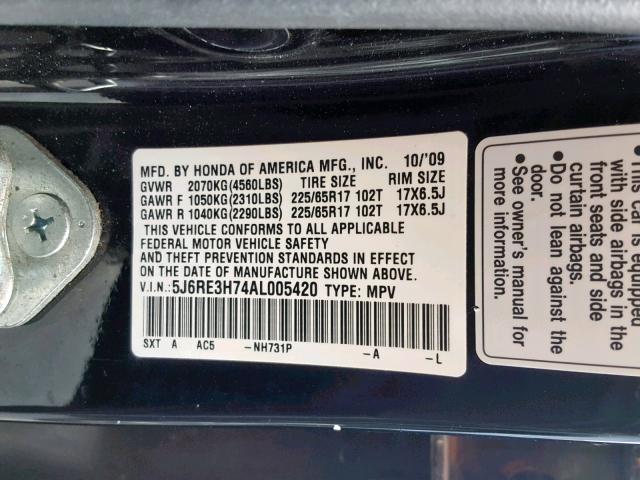 5J6RE3H74AL005420 - 2010 HONDA CR-V EXL BLACK photo 10