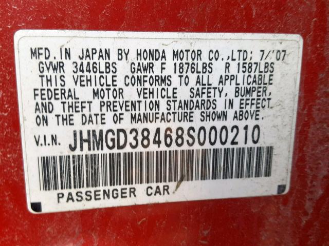 JHMGD38468S000210 - 2008 HONDA FIT RED photo 10