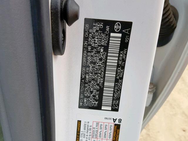 JTNBE46K493170962 - 2009 TOYOTA CAMRY BASE თეთრი ფოტო 10