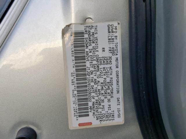 JTJGF10U910090222 - 2001 LEXUS RX 300 SILVER photo 10