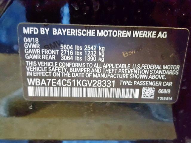 WBA7E4C51KGV28331 - 2019 BMW 740 XI BLACK photo 10