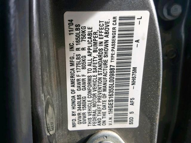 1HGES16355L009887 - 2005 HONDA CIVIC DX V GRAY photo 10