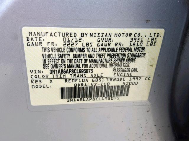 3N1AB6AP8CL695075 - 2012 NISSAN SENTRA 2.0 SILVER photo 10