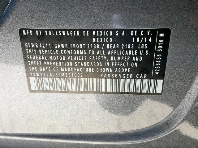 3VW2K7AJ8FM231007 - 2015 VOLKSWAGEN JETTA BASE CHARCOAL photo 10