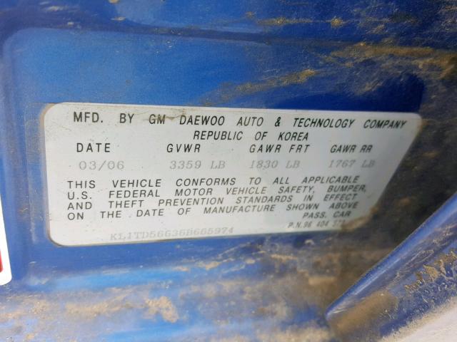 KL1TD56636B665974 - 2006 CHEVROLET AVEO BASE ლურჯი ფოტო 10