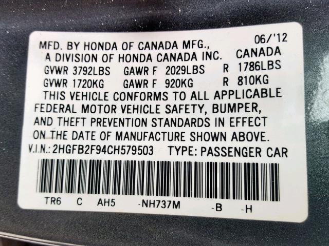 2HGFB2F94CH579503 - 2012 HONDA CIVIC EXL GRAY photo 10