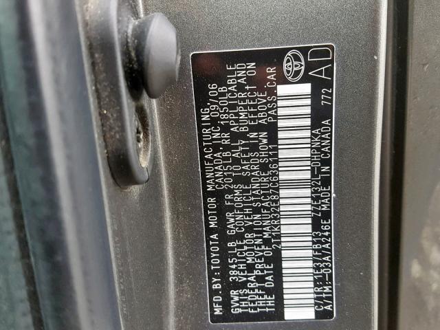 2T1KR32E87C636111 - 2007 TOYOTA MATRIX XR GRAY photo 10