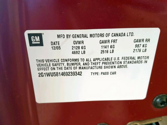 2G1WU581469239342 - 2006 CHEVROLET IMPALA LTZ RED photo 10