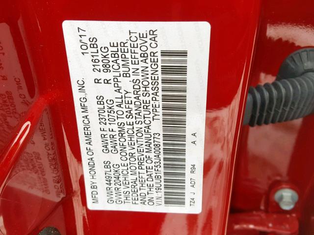 19UUB1F53JA008773 - 2018 ACURA TLX TECH RED photo 10