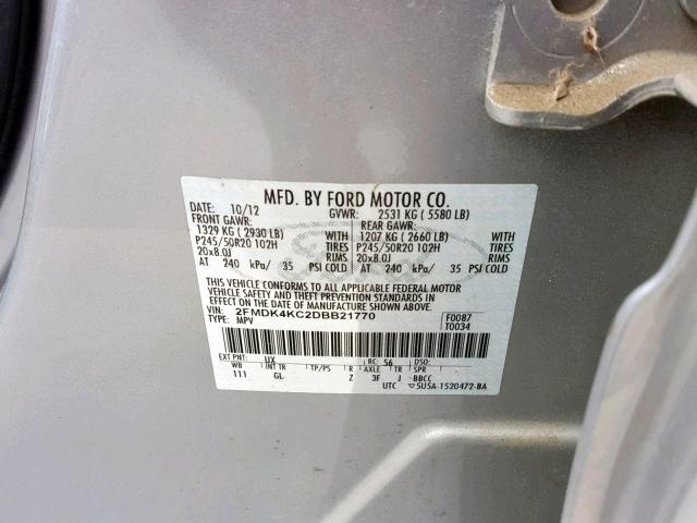 2FMDK4KC2DBB21770 - 2013 FORD EDGE LIMIT SILVER photo 10