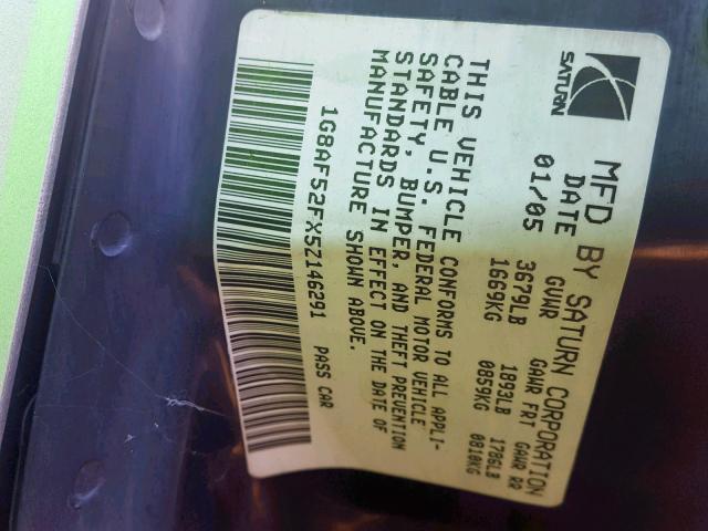 1G8AF52FX5Z146291 - 2005 SATURN ION LEVEL SILVER photo 10