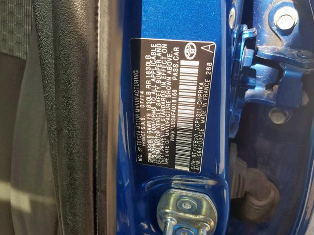 VNKKTUD34FA018166 - 2015 TOYOTA YARIS BLUE photo 10