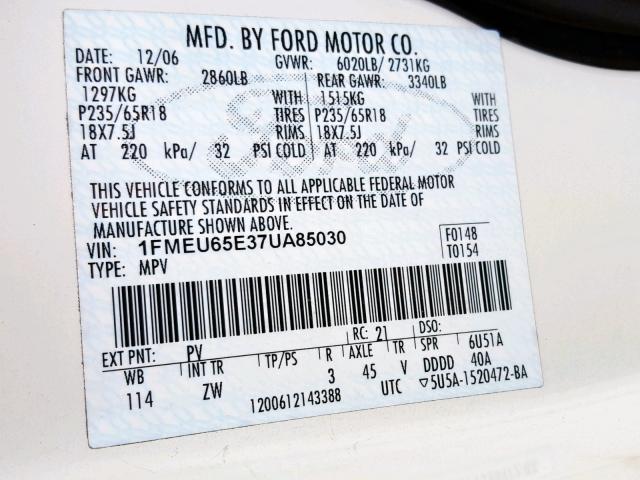 1FMEU65E37UA85030 - 2007 FORD EXPLORER L WHITE photo 10