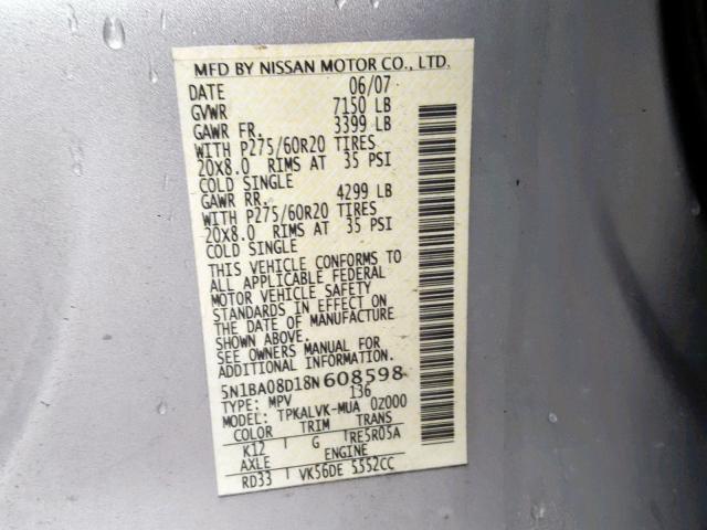 5N1BA08D18N608598 - 2008 NISSAN ARMADA SE SILVER photo 10