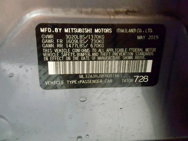 ML32A3HJ9FH051661 - 2015 MITSUBISHI MIRAGE DE GRAY photo 10