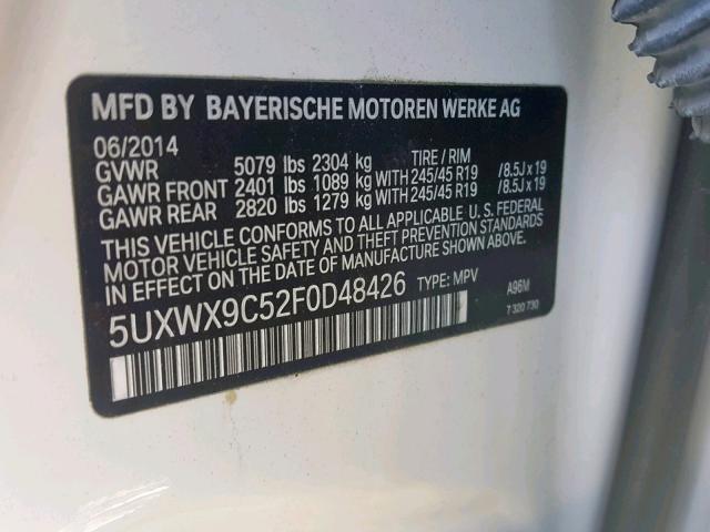 5UXWX9C52F0D48426 - 2015 BMW X3 XDRIVE2 WHITE photo 10