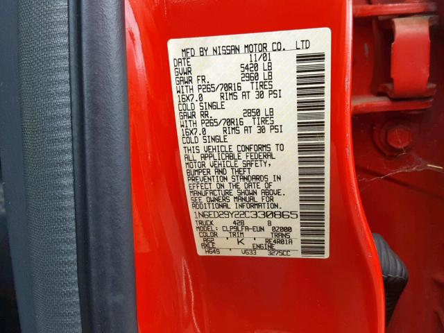 1N6ED29Y22C330865 - 2002 NISSAN FRONTIER C RED photo 10