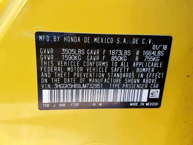 3HGGK5H69JM732951 - 2018 HONDA FIT SPORT YELLOW photo 10