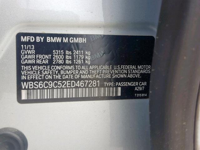 WBS6C9C52ED467281 - 2014 BMW M6 GRAN CO SILVER photo 10