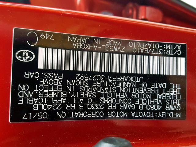 JTDKARFP7H3027592 - 2017 TOYOTA PRIUS PRIM 红色 照片 10