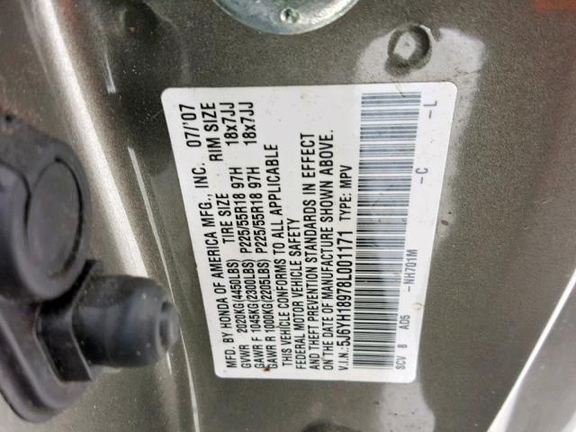 5J6YH18978L001171 - 2008 HONDA ELEMENT SC GRAY photo 10