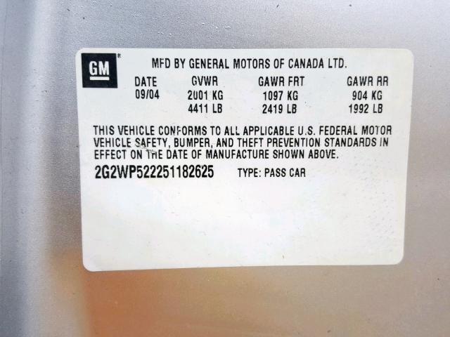 2G2WP522251182625 - 2005 PONTIAC GRAND PRIX SILVER photo 10