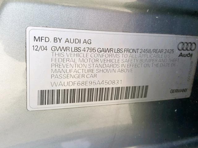 WAUDF68E95A450831 - 2005 AUDI A4 2.0T QU SILVER photo 10