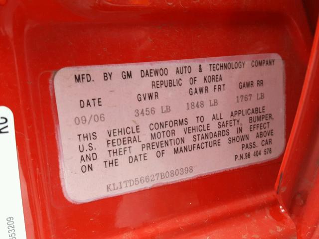 KL1TD56627B080398 - 2007 CHEVROLET AVEO BASE Qırmızı foto 10