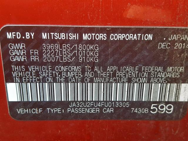 JA32U2FU4FU013305 - 2015 MITSUBISHI LANCER ES RED photo 10