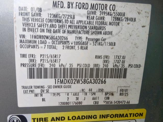 1FMDK02W58GA30266 - 2008 FORD TAURUS X S TEAL photo 10