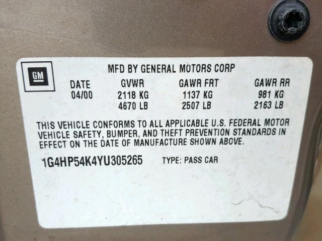 1G4HP54K4YU305265 - 2000 BUICK LESABRE CU BROWN photo 10