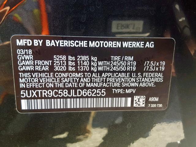 5UXTR9C58JLD66255 - 2018 BMW X3 XDRIVE3 BLACK photo 10