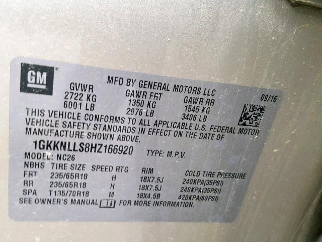 1GKKNLLS8HZ166920 - 2017 GMC ACADIA SLE TAN photo 10