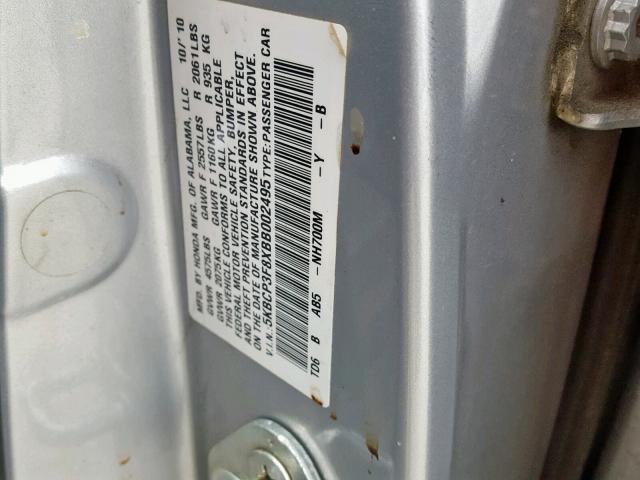 5KBCP3F8XBB002495 - 2011 HONDA ACCORD EXL SILVER photo 10