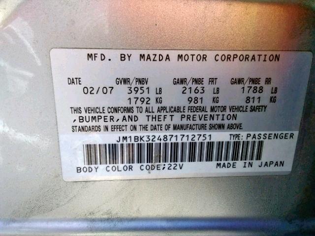 JM1BK324871712751 - 2007 MAZDA 3 S SILVER photo 10