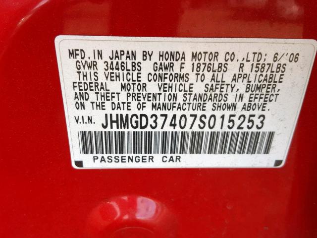 JHMGD37407S015253 - 2007 HONDA FIT RED photo 10